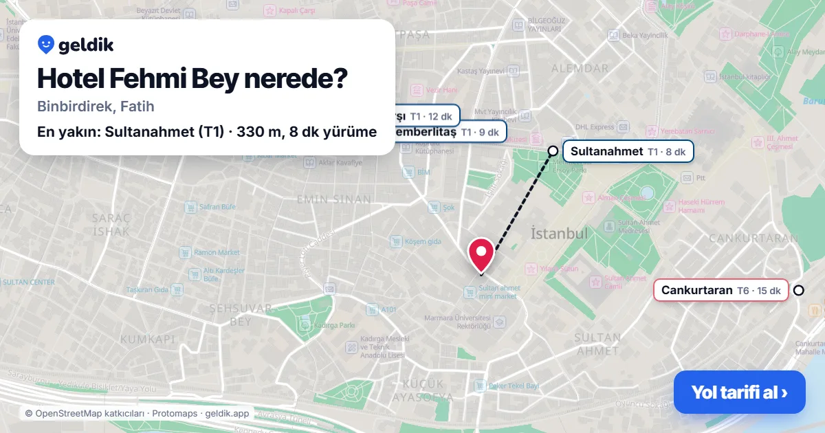 Hotel Fehmi Bey nerede: haritada konumu ve en yakın duraklar, yürüme süreleriyle