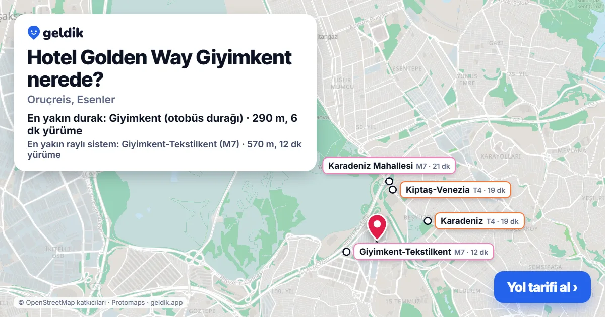 Hotel Golden Way Giyimkent nerede: haritada konumu ve en yakın duraklar, yürüme süreleriyle