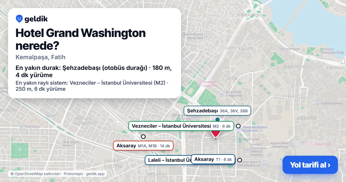 Hotel Grand Washington nerede: haritada konumu ve en yakın duraklar, yürüme süreleriyle
