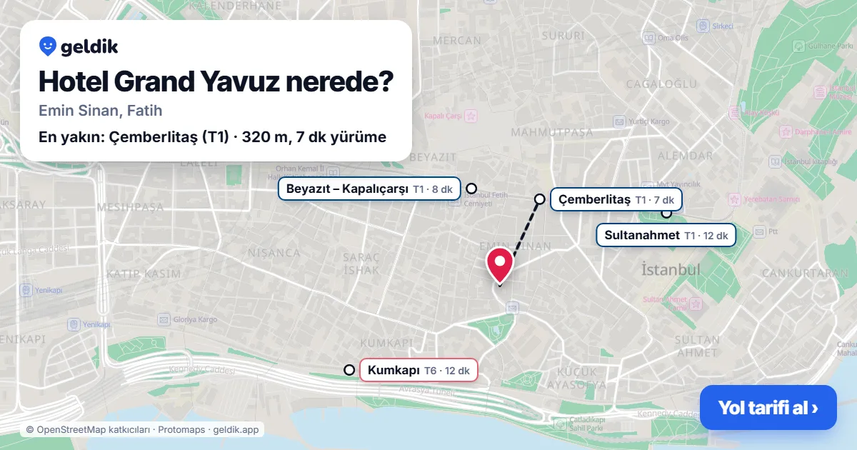 Hotel Grand Yavuz nerede: haritada konumu ve en yakın duraklar, yürüme süreleriyle