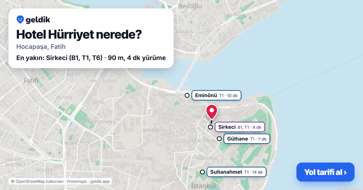 Where is Hotel Hürriyet: map with its location and the nearest stops, with walking times