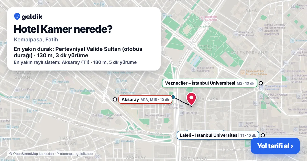 Where is Hotel Kamer: map with its location and the nearest stops, with walking times