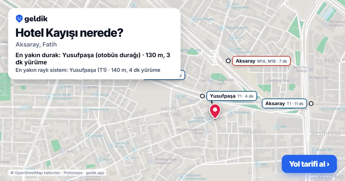 Where is Hotel Kayışı: map with its location and the nearest stops, with walking times