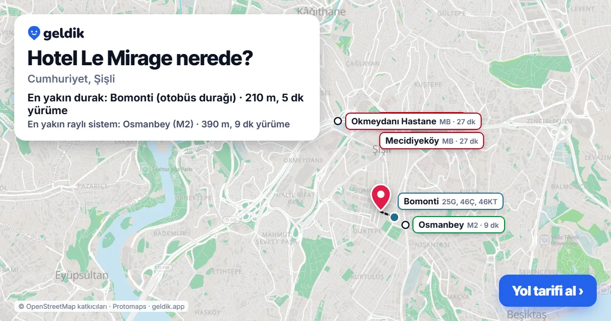 Where is Hotel Le Mirage: map with its location and the nearest stops, with walking times