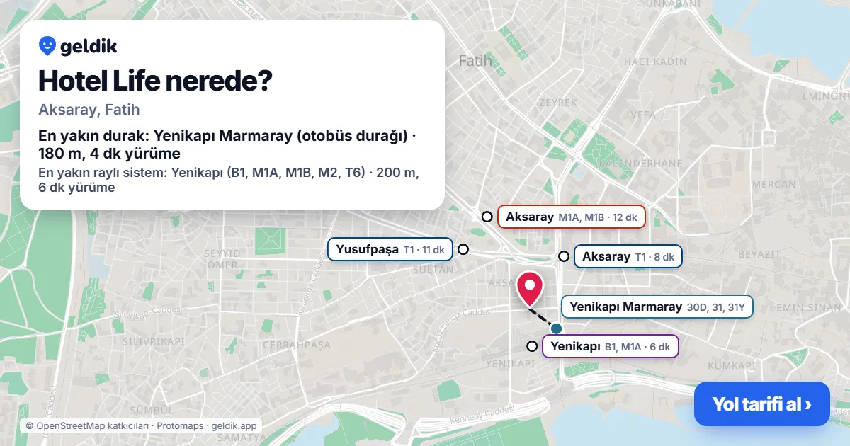 Where is Hotel Life: map with its location and the nearest stops, with walking times