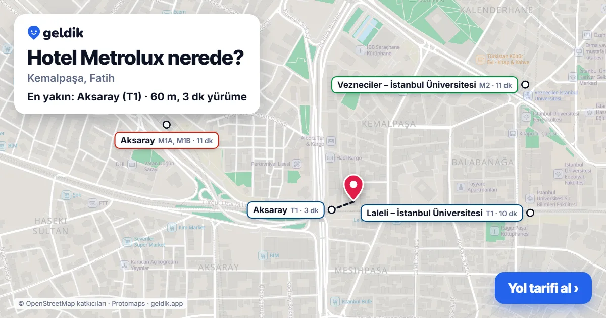 Hotel Metrolux nerede: haritada konumu ve en yakın duraklar, yürüme süreleriyle