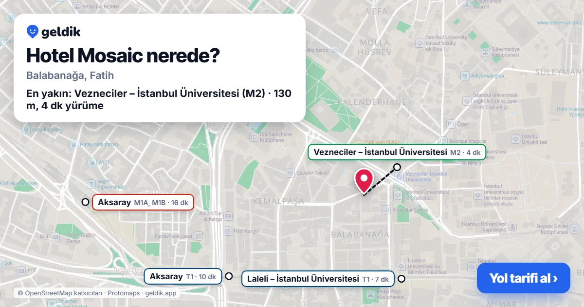 Where is Hotel Mosaic: map with its location and the nearest stops, with walking times