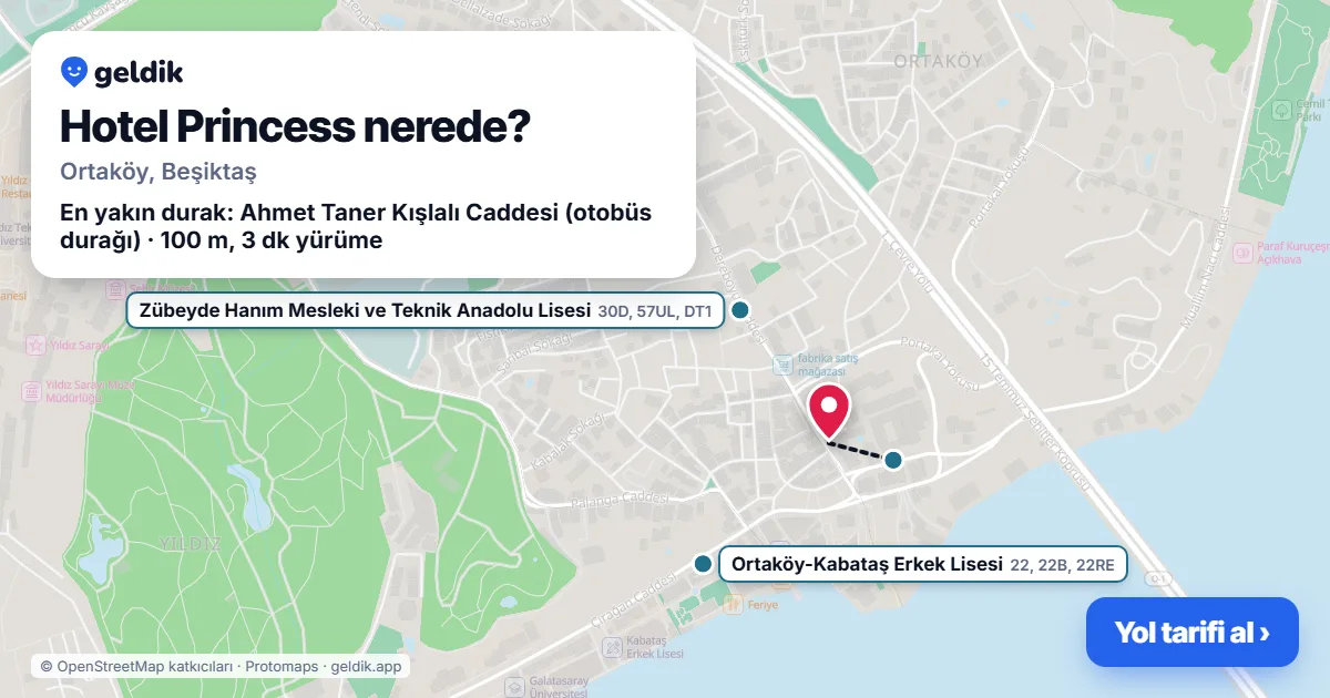 Hotel Princess nerede: haritada konumu ve en yakın duraklar, yürüme süreleriyle