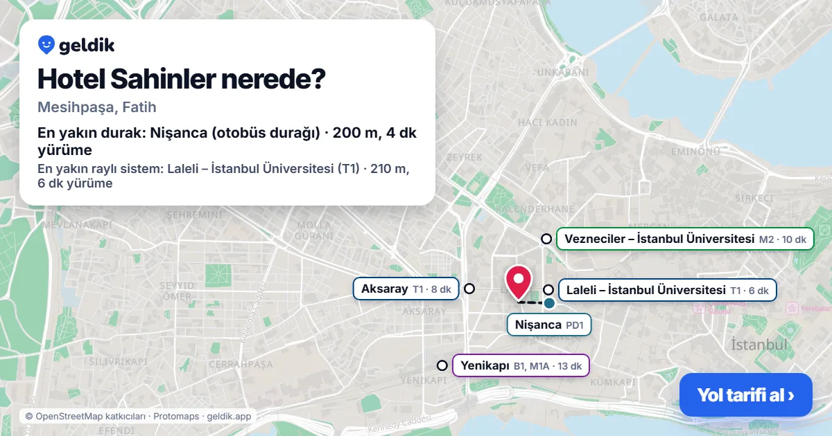 Where is Hotel Sahinler: map with its location and the nearest stops, with walking times