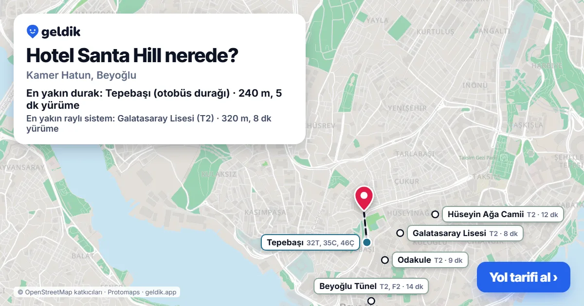 Where is Hotel Santa Hill: map with its location and the nearest stops, with walking times