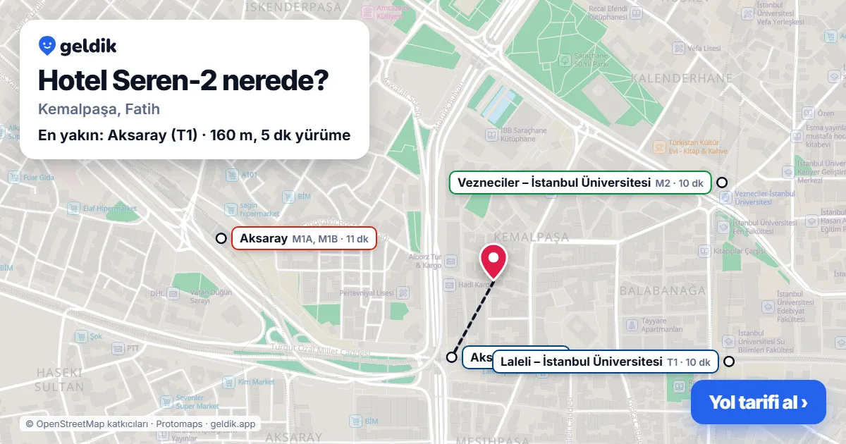 Hotel Seren-2 nerede: haritada konumu ve en yakın duraklar, yürüme süreleriyle