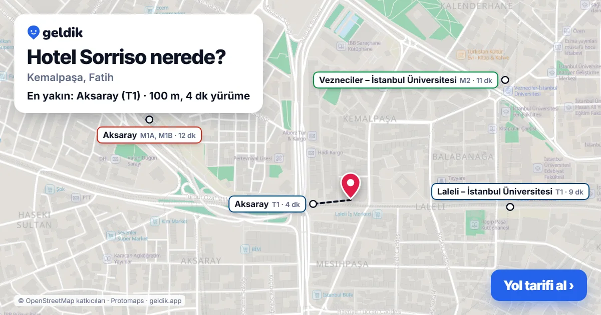 Hotel Sorriso nerede: haritada konumu ve en yakın duraklar, yürüme süreleriyle
