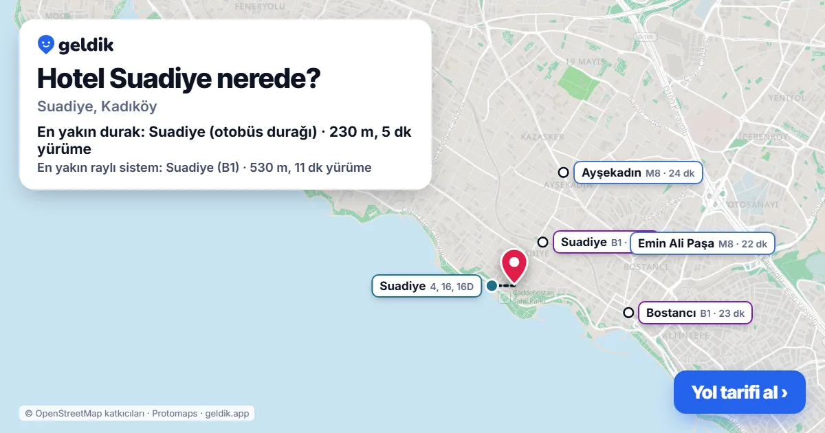 Where is Hotel Suadiye: map with its location and the nearest stops, with walking times