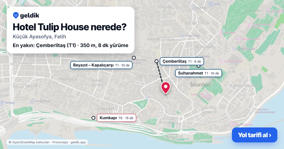 Where is Hotel Tulip House: map with its location and the nearest stops, with walking times