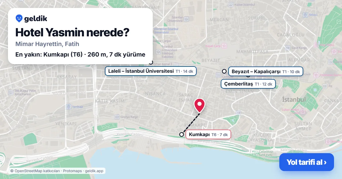 Hotel Yasmin nerede: haritada konumu ve en yakın duraklar, yürüme süreleriyle