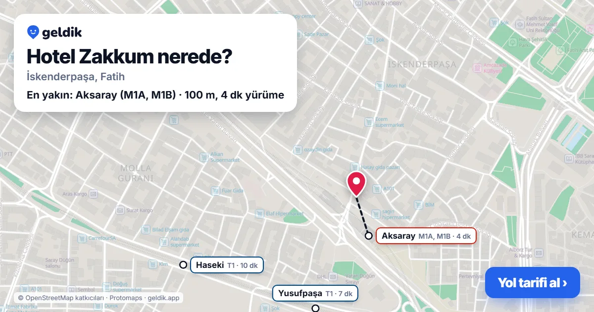 Hotel Zakkum nerede: haritada konumu ve en yakın duraklar, yürüme süreleriyle