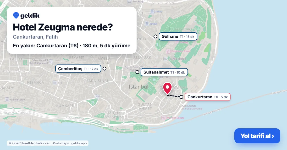 Hotel Zeugma nerede: haritada konumu ve en yakın duraklar, yürüme süreleriyle