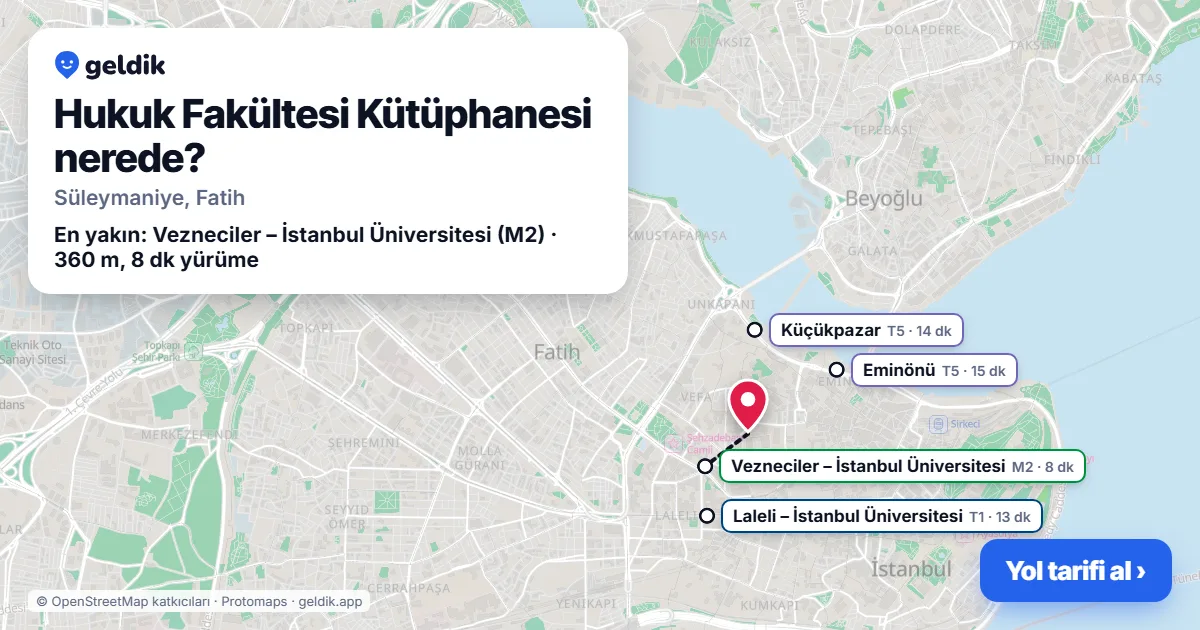 Where is Hukuk Fakültesi Kütüphanesi: map with its location and the nearest stops, with walking times