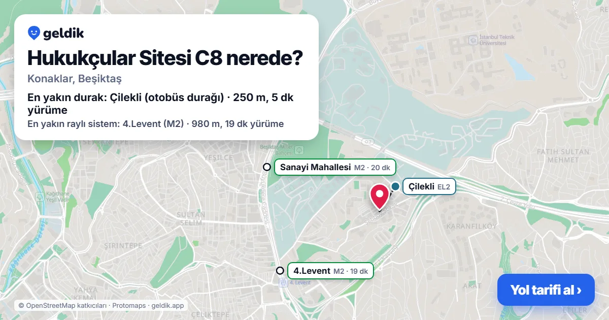 Hukukçular Sitesi C8 nerede: haritada konumu ve en yakın duraklar, yürüme süreleriyle