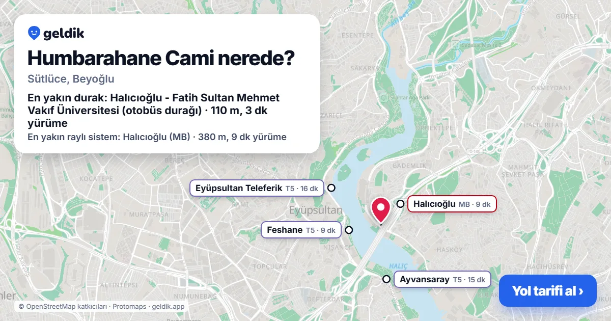 Humbarahane Cami nerede: haritada konumu ve en yakın duraklar, yürüme süreleriyle