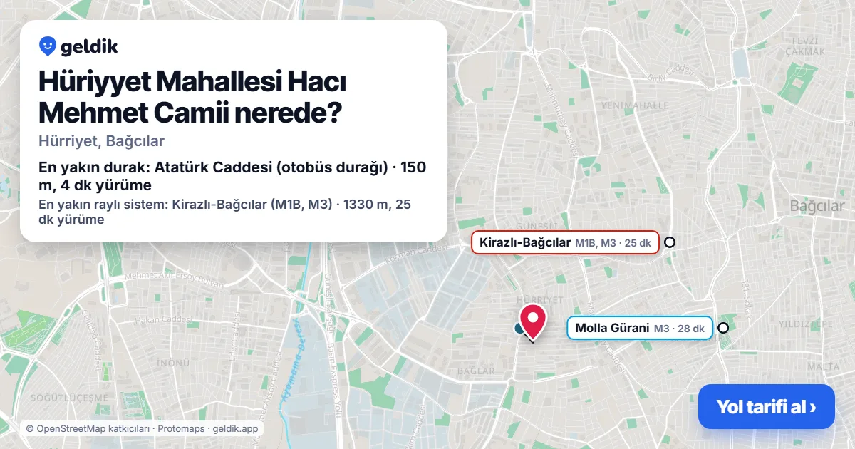 Hüriyyet Mahallesi Hacı Mehmet Camii nerede: haritada konumu ve en yakın duraklar, yürüme süreleriyle