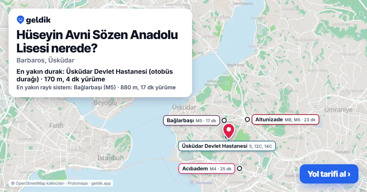 Hüseyin Avni Sözen Anadolu Lisesi nerede: haritada konumu ve en yakın duraklar, yürüme süreleriyle