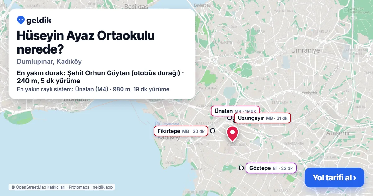 Where is Hüseyin Ayaz Ortaokulu: map with its location and the nearest stops, with walking times