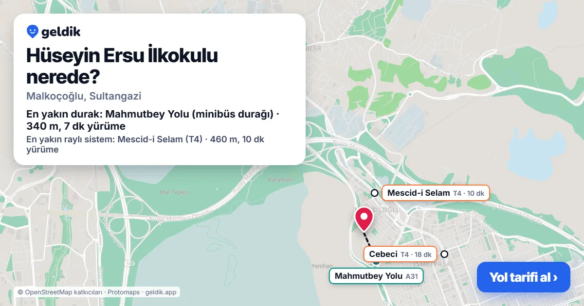 Where is Hüseyin Ersu İlkokulu: map with its location and the nearest stops, with walking times