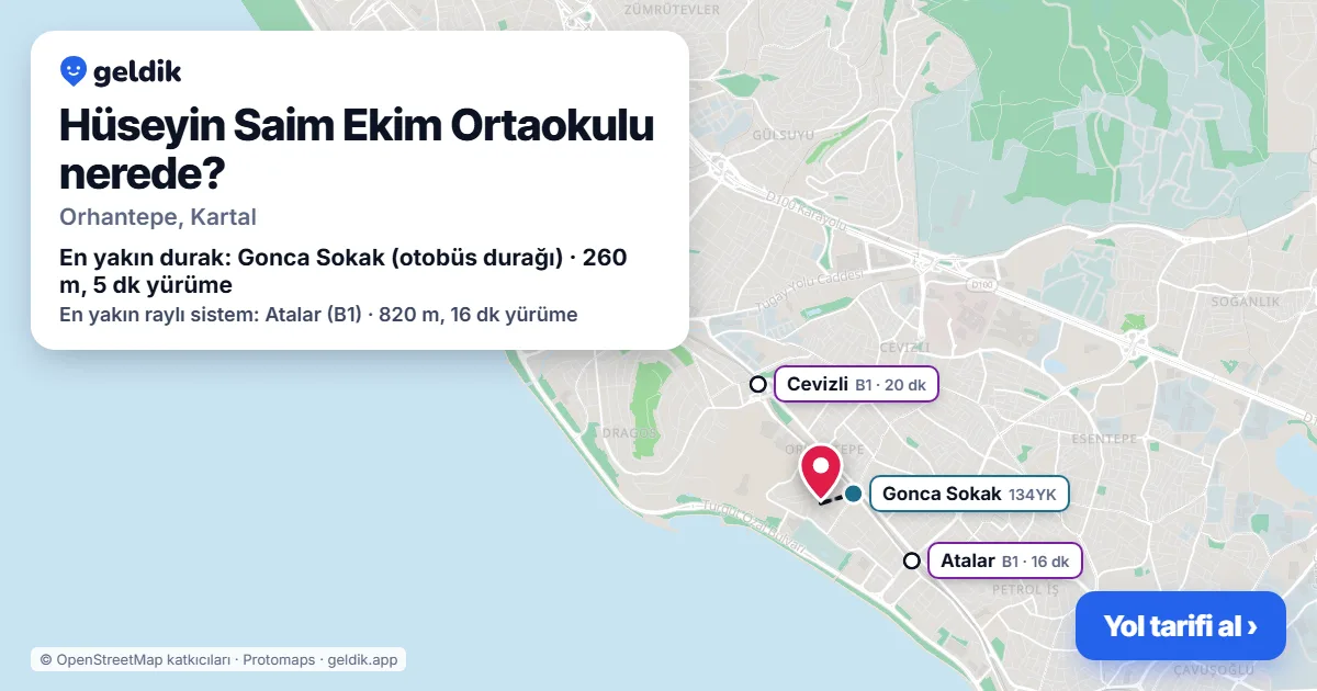Hüseyin Saim Ekim Ortaokulu nerede: haritada konumu ve en yakın duraklar, yürüme süreleriyle