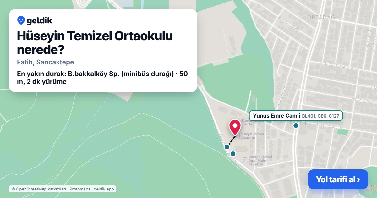 Hüseyin Temizel Ortaokulu nerede: haritada konumu ve en yakın duraklar, yürüme süreleriyle