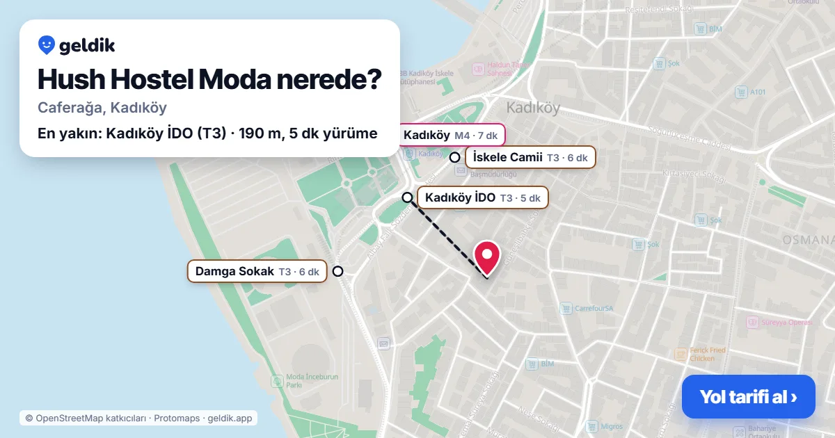 Hush Hostel Moda nerede: haritada konumu ve en yakın duraklar, yürüme süreleriyle