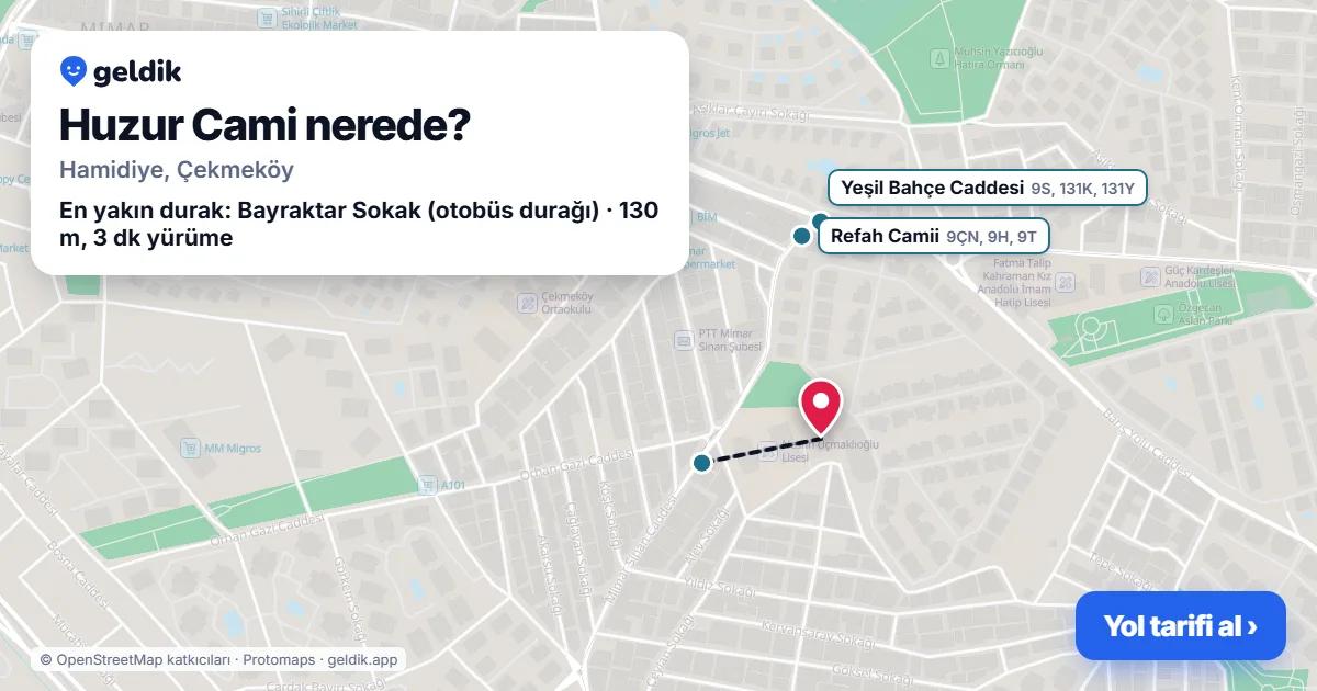 Where is Huzur Cami: map with its location and the nearest stops, with walking times