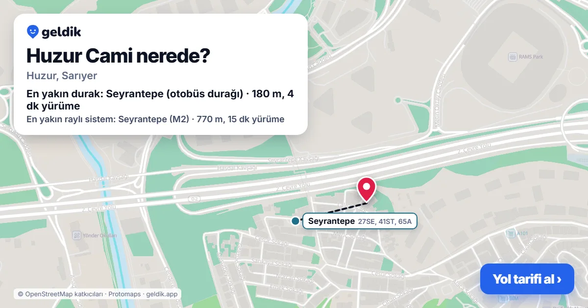 Where is Huzur Cami: map with its location and the nearest stops, with walking times