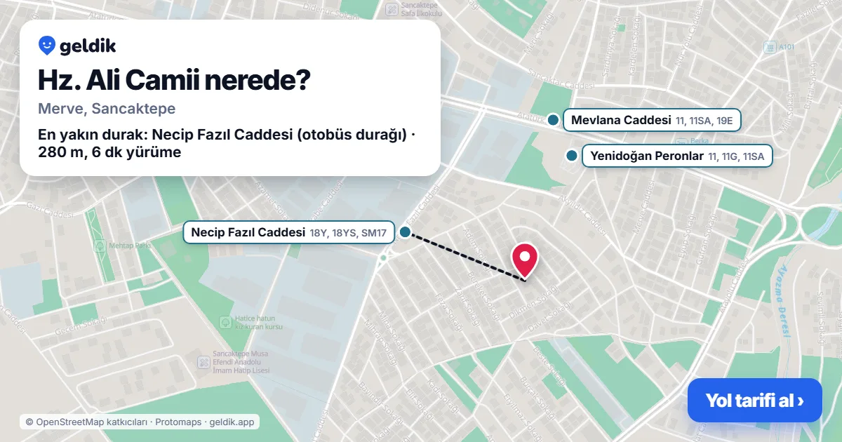 Hz. Ali Camii nerede: haritada konumu ve en yakın duraklar, yürüme süreleriyle