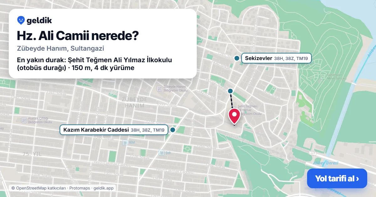 Hz. Ali Camii nerede: haritada konumu ve en yakın duraklar, yürüme süreleriyle