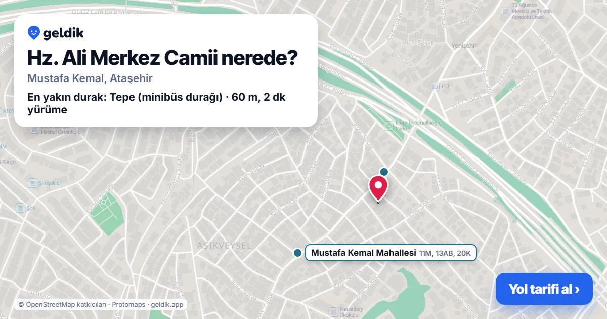 Hz. Ali Merkez Camii nerede: haritada konumu ve en yakın duraklar, yürüme süreleriyle