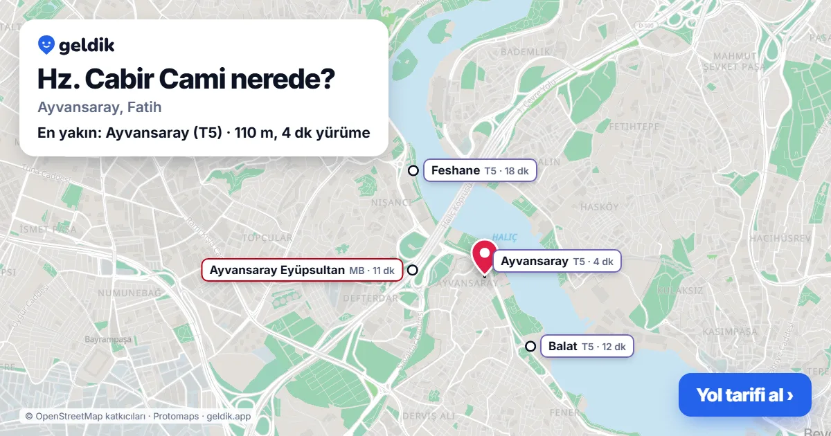 Where is Hz. Cabir Cami: map with its location and the nearest stops, with walking times