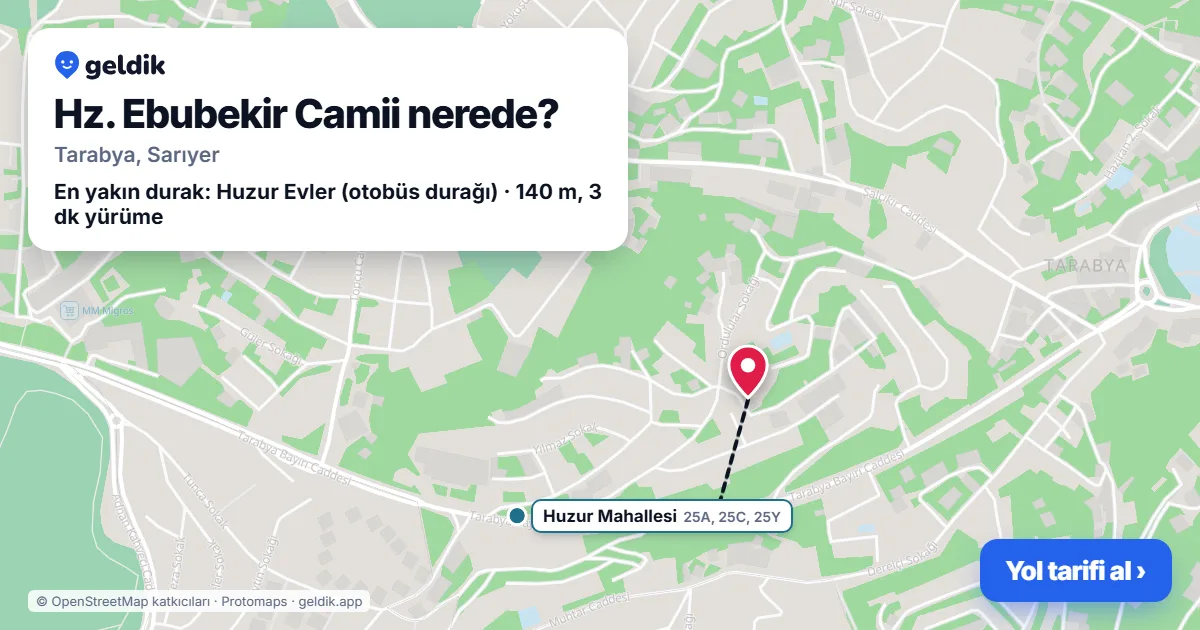 Hz. Ebubekir Camii nerede: haritada konumu ve en yakın duraklar, yürüme süreleriyle