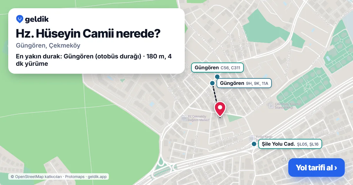 Hz. Hüseyin Camii nerede: haritada konumu ve en yakın duraklar, yürüme süreleriyle