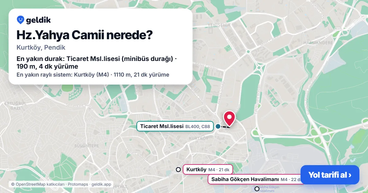 Where is Hz.Yahya Camii: map with its location and the nearest stops, with walking times