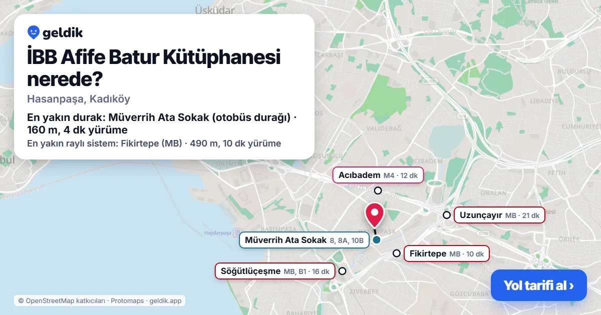 Where is İBB Afife Batur Kütüphanesi: map with its location and the nearest stops, with walking times