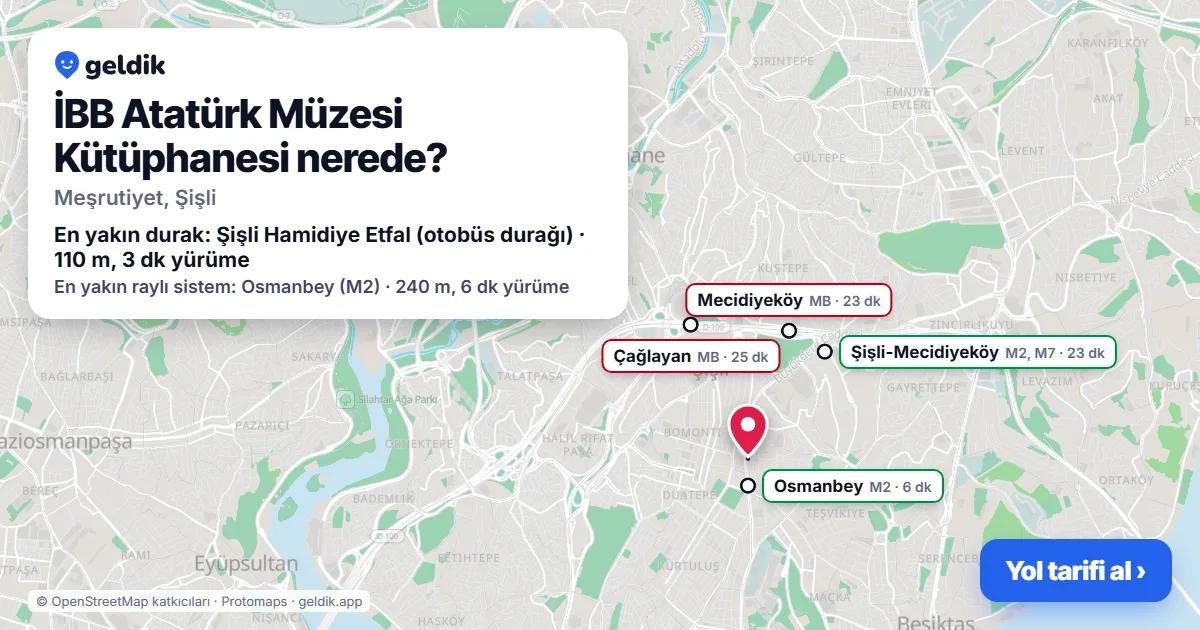 Where is İBB Atatürk Müzesi Kütüphanesi: map with its location and the nearest stops, with walking times