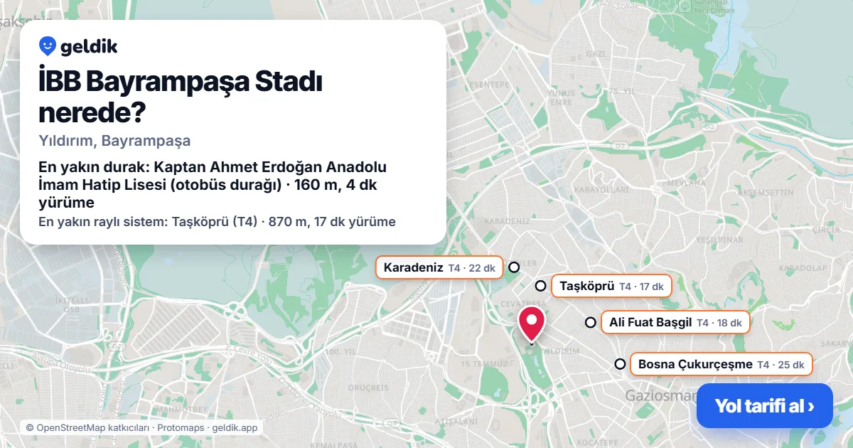 İBB Bayrampaşa Stadı nerede: haritada konumu ve en yakın duraklar, yürüme süreleriyle