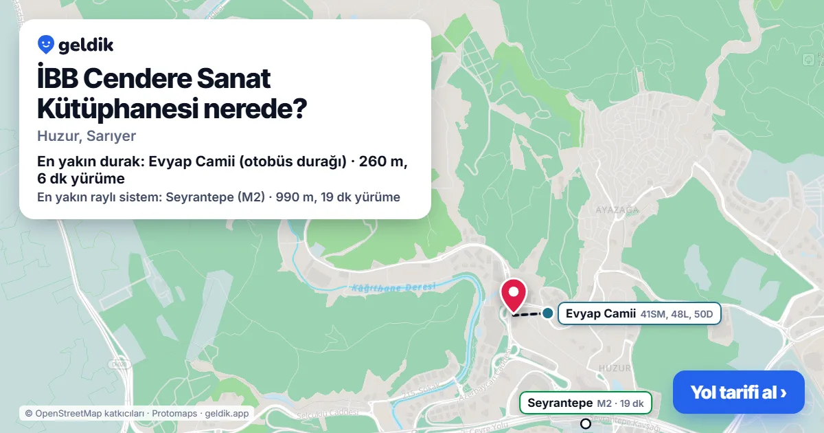 Where is İBB Cendere Sanat Kütüphanesi: map with its location and the nearest stops, with walking times