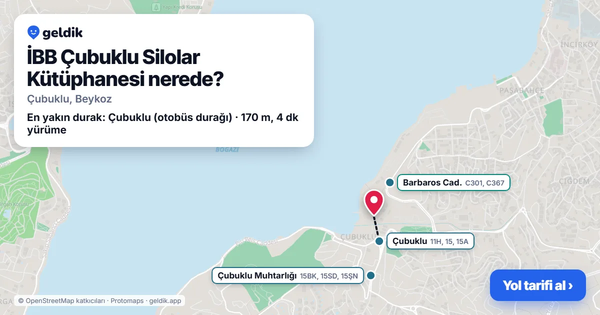 Where is İBB Çubuklu Silolar Kütüphanesi: map with its location and the nearest stops, with walking times