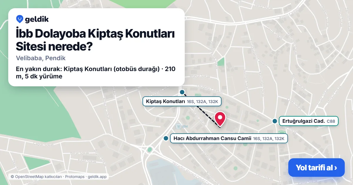 Where is İbb Dolayoba Kiptaş Konutları Sitesi: map with its location and the nearest stops, with walking times