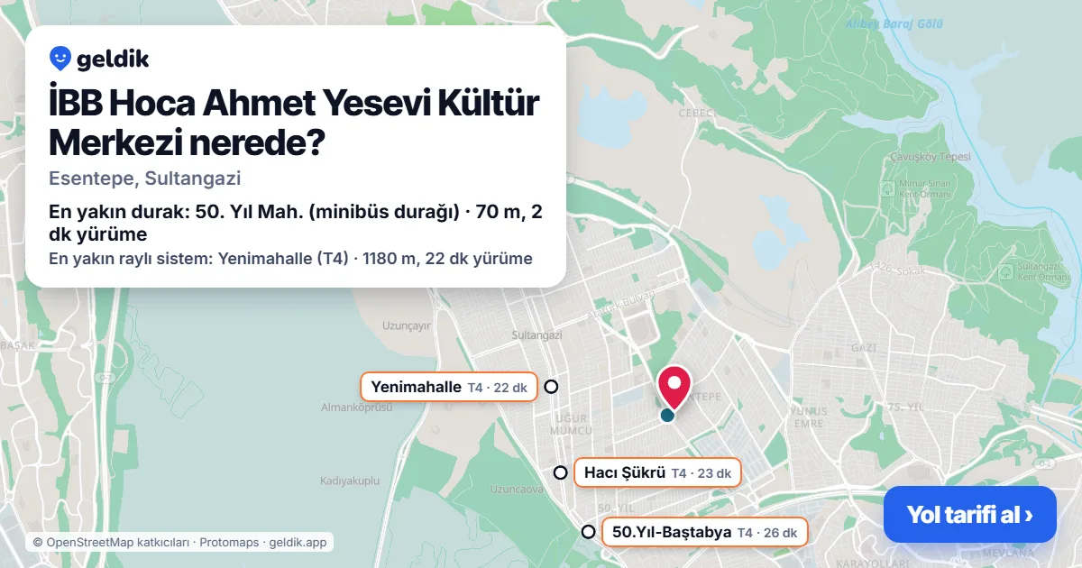 Where is İBB Hoca Ahmet Yesevi Kültür Merkezi: map with its location and the nearest stops, with walking times