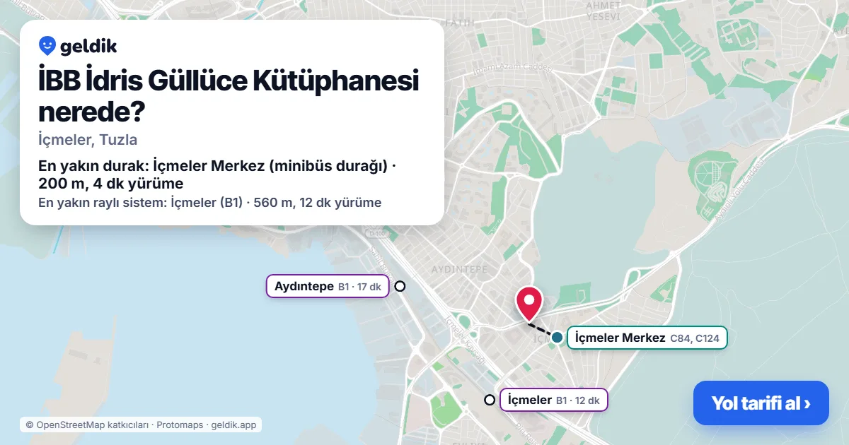 Where is İBB İdris Güllüce Kütüphanesi: map with its location and the nearest stops, with walking times