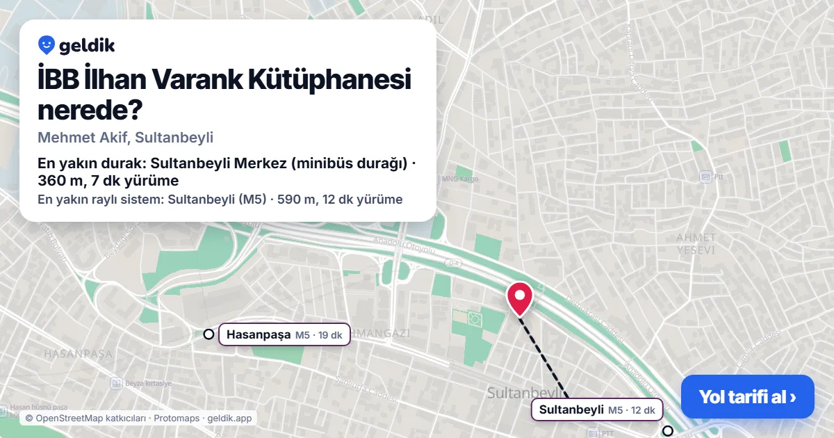 Where is İBB İlhan Varank Kütüphanesi: map with its location and the nearest stops, with walking times