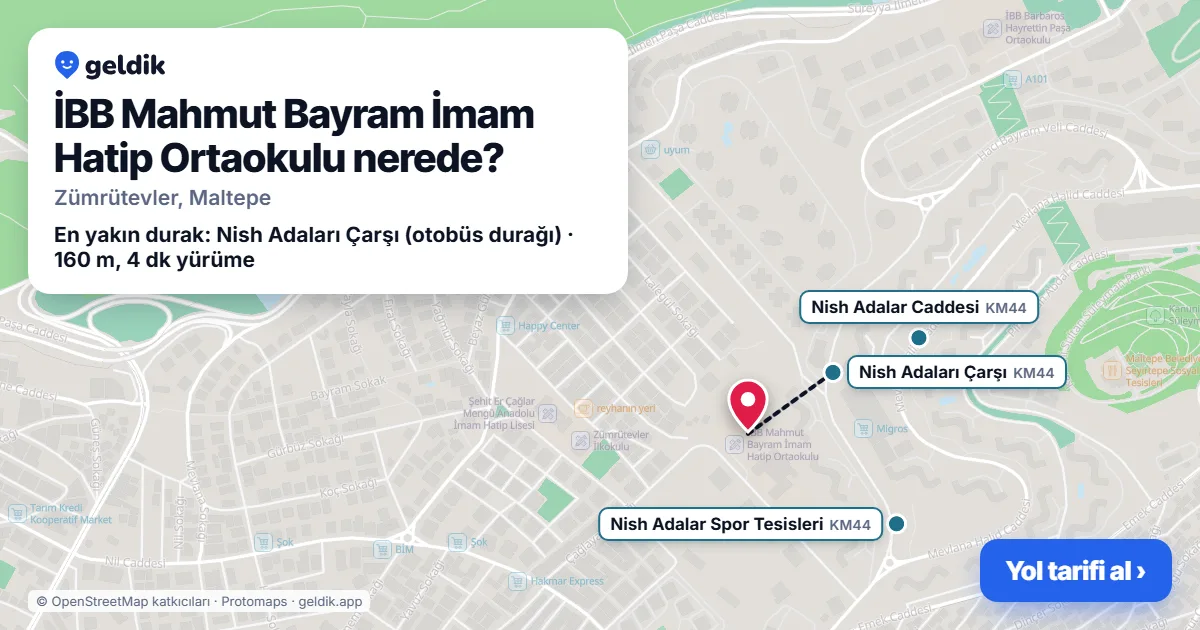 Where is İBB Mahmut Bayram İmam Hatip Ortaokulu: map with its location and the nearest stops, with walking times